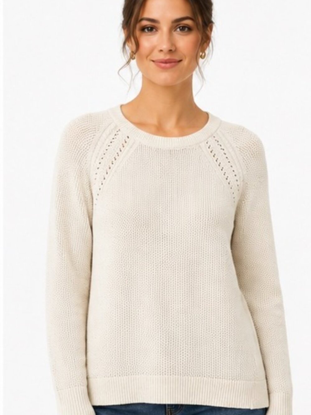 LOFT Ivory Cream Knit Sweater Womens Small Long Sleeve Pointelle Detail
